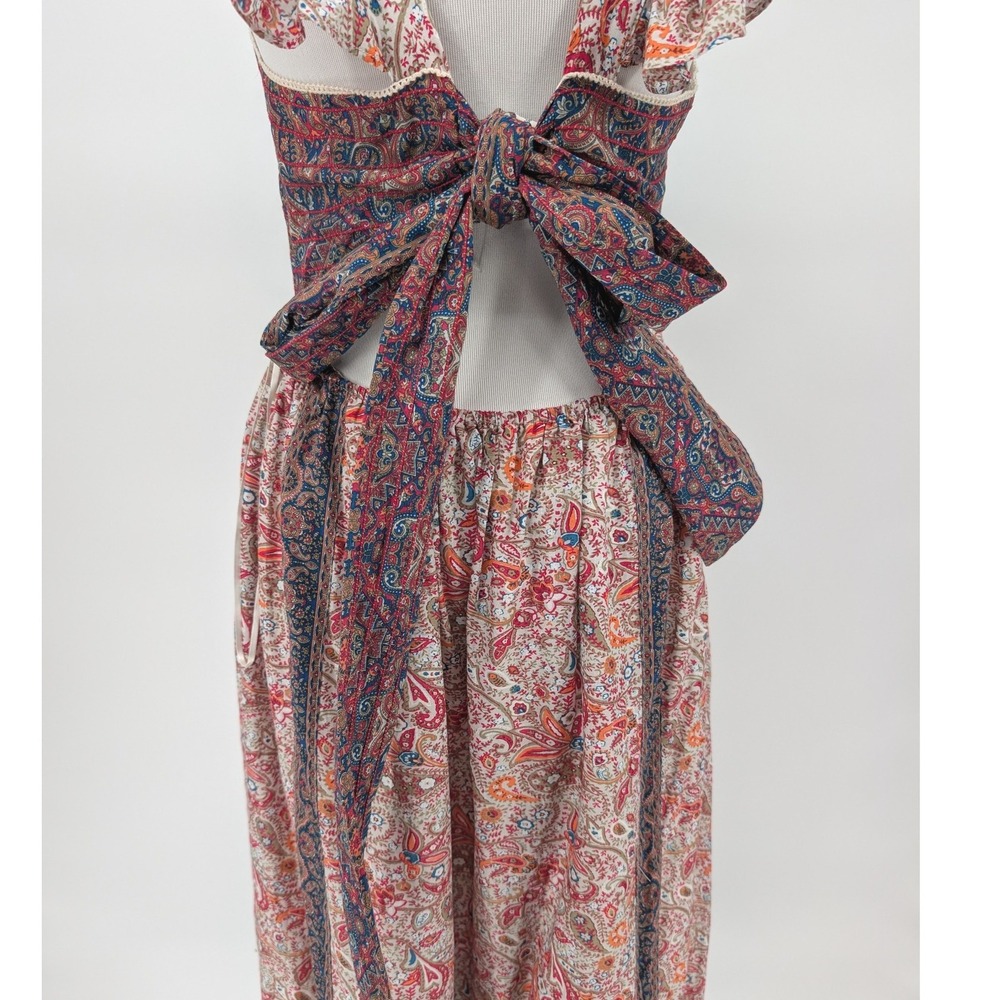 Haute Hippie Paisley Floral Maxi Dress 10 Red Blue Boho Tie Back Cottage Prairie - Picture 7 of 14